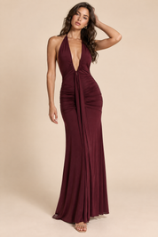 Robe longue bordeaux froncée à col dos nu | Vue de face | Lounelle Paris