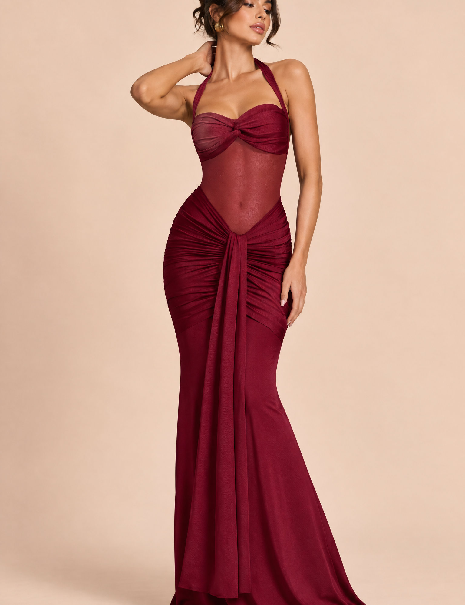 Robe longue bordeaux froncée à encolure dos nu | Vue de face | Lounelle Paris