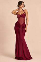 Abito lungo bordeaux con arricciature e scollo all’americana