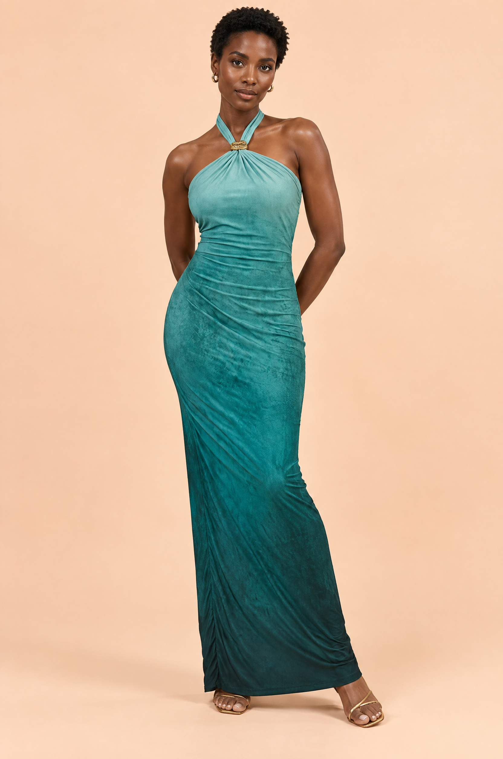 Robe longue turquoise dégradée à col américain avec détail bleu canard | Vue de face | Lounelle Paris