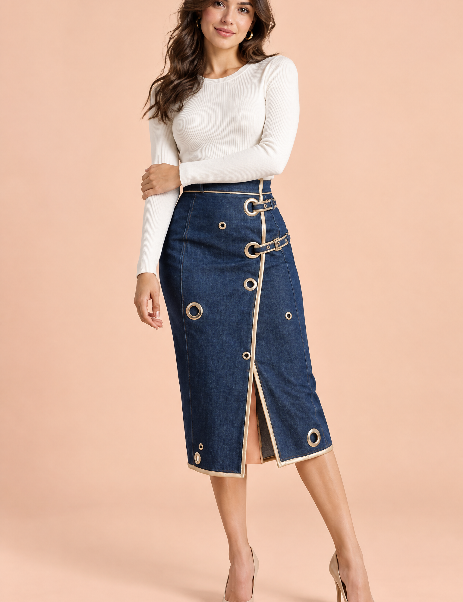 Jupe crayon midi bleue taille haute | Vue de face | Lounelle Paris