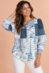 Top stampato in maglia waffle blu
