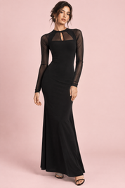 Robe longue noire froncée à encolure carrée | Vue de face | Lounelle Paris