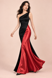 Robe longue noire et rouge à une épaule | Vue en mouvement | Lounelle Paris