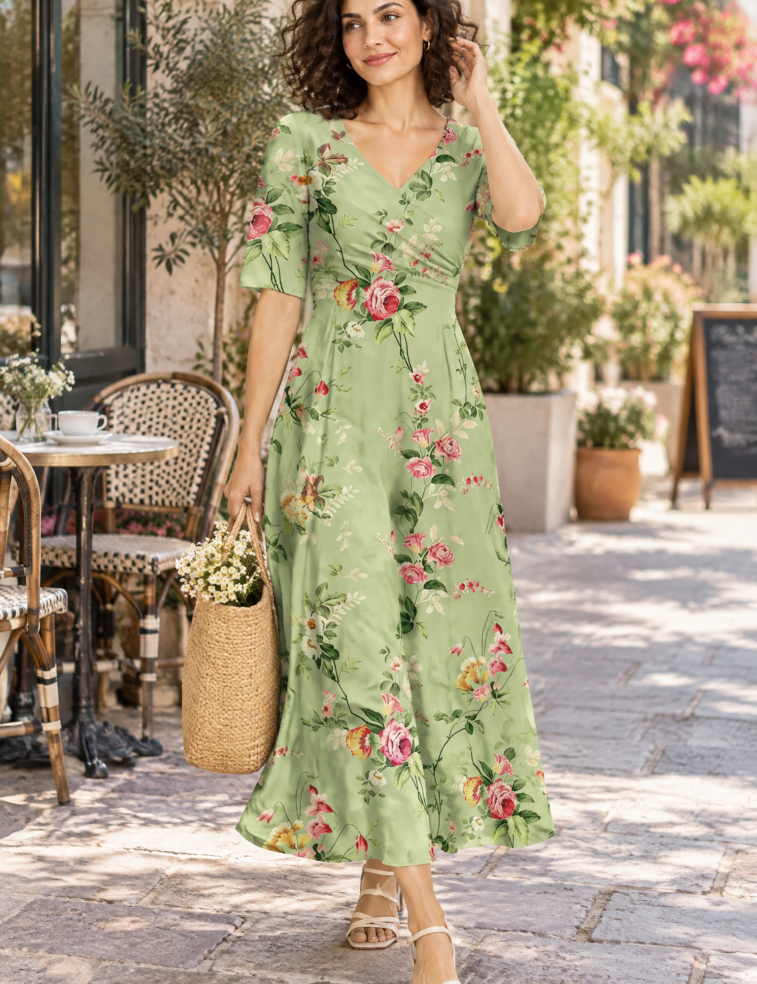 Robe longue verte à col V | Photo lifestyle | Lounelle Paris