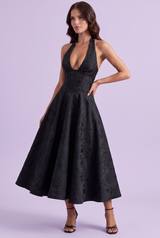 Abito midi nero svasato in pizzo floreale con scollo a V