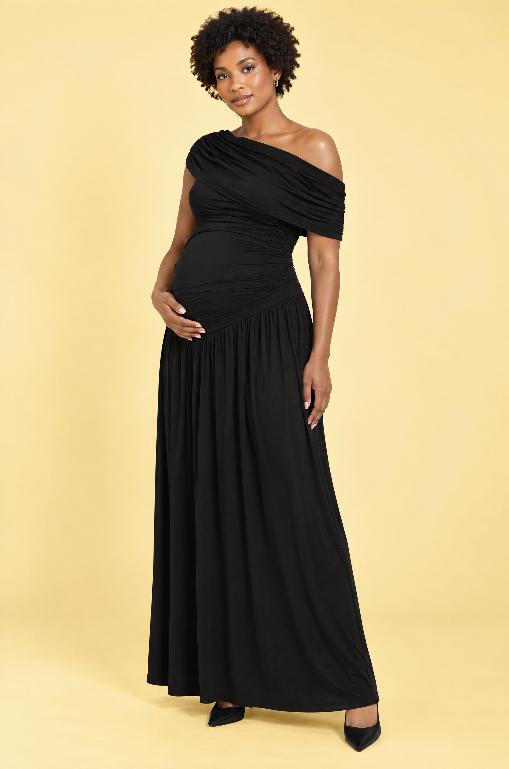 Robe longue de grossesse noire à encolure asymétrique et taille basse | Vue de face | Lounelle Paris