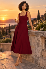 Robe midi bordeaux à fines bretelles et jupe ample | Deuxième photo lifestyle | Lounelle Paris