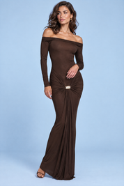 Robe longue marron foncé asymétrique à fronces et drapé | Vue de face | Lounelle Paris