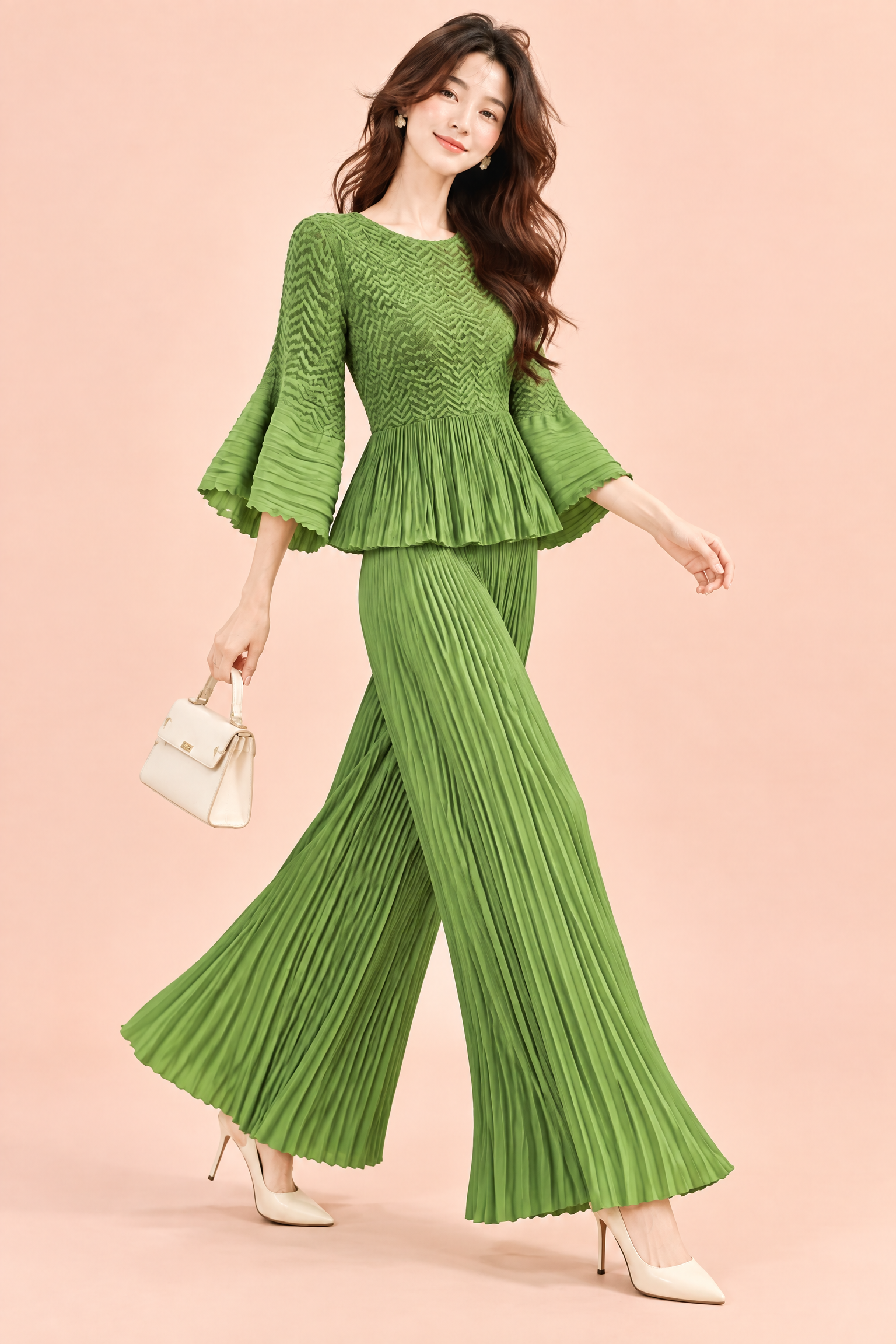 Ensemble plissé vert avec pantalon large | Vue en mouvement | Lounelle Paris