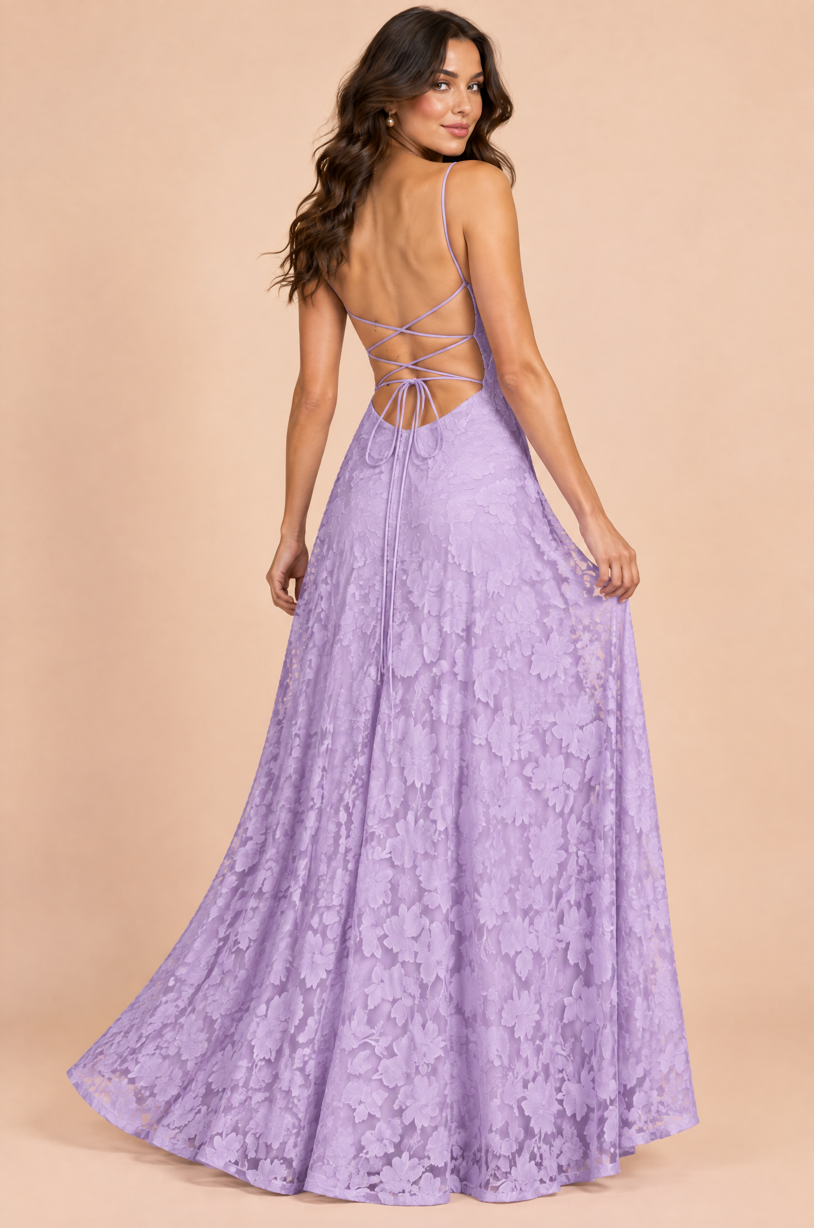 Robe longue fleurie lavande à col bénitier | Vue de dos | Lounelle Paris
