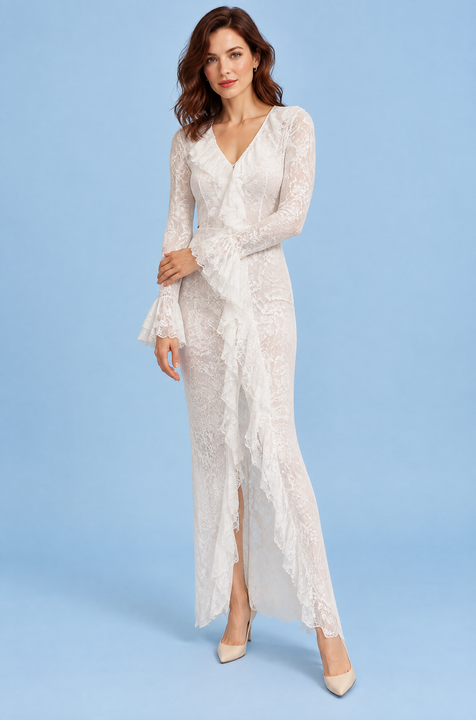 Robe longue blanche à volants | Vue de face | Lounelle Paris