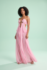 Abito lungo rosa in mesh con cut-out e scollo all'americana