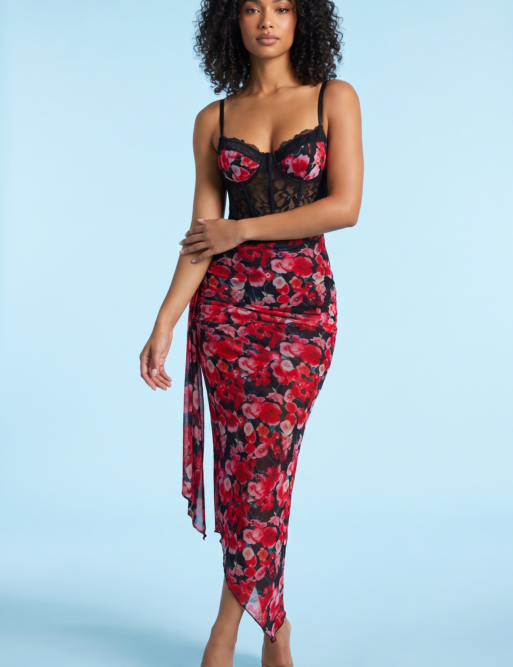 Robe longue en mesh à imprimé léopard, décolleté en V et fente haute devant — Rouge | Vue de face | Lounelle Paris