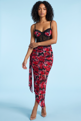 Abito lungo in mesh con stampa leopardata, scollo a V e spacco frontale alto — Rosso
