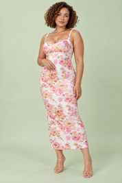 Robe midi fleurie, torsadée et asymétrique blanche | Porté sur une silhouette plus ronde | Lounelle Paris