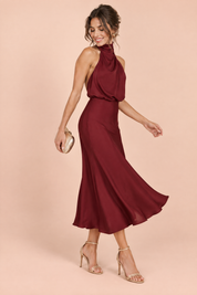 Robe midi trapèze bordeaux à col foulard | Vue de dos | Lounelle Paris