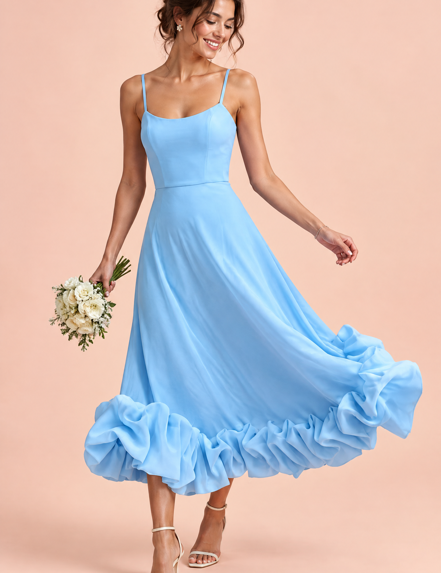 Robe midi bleu ciel évasée à bas volanté | Vue de face | Lounelle Paris