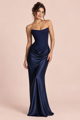 Abito lungo blu navy con corsetto senza spalline