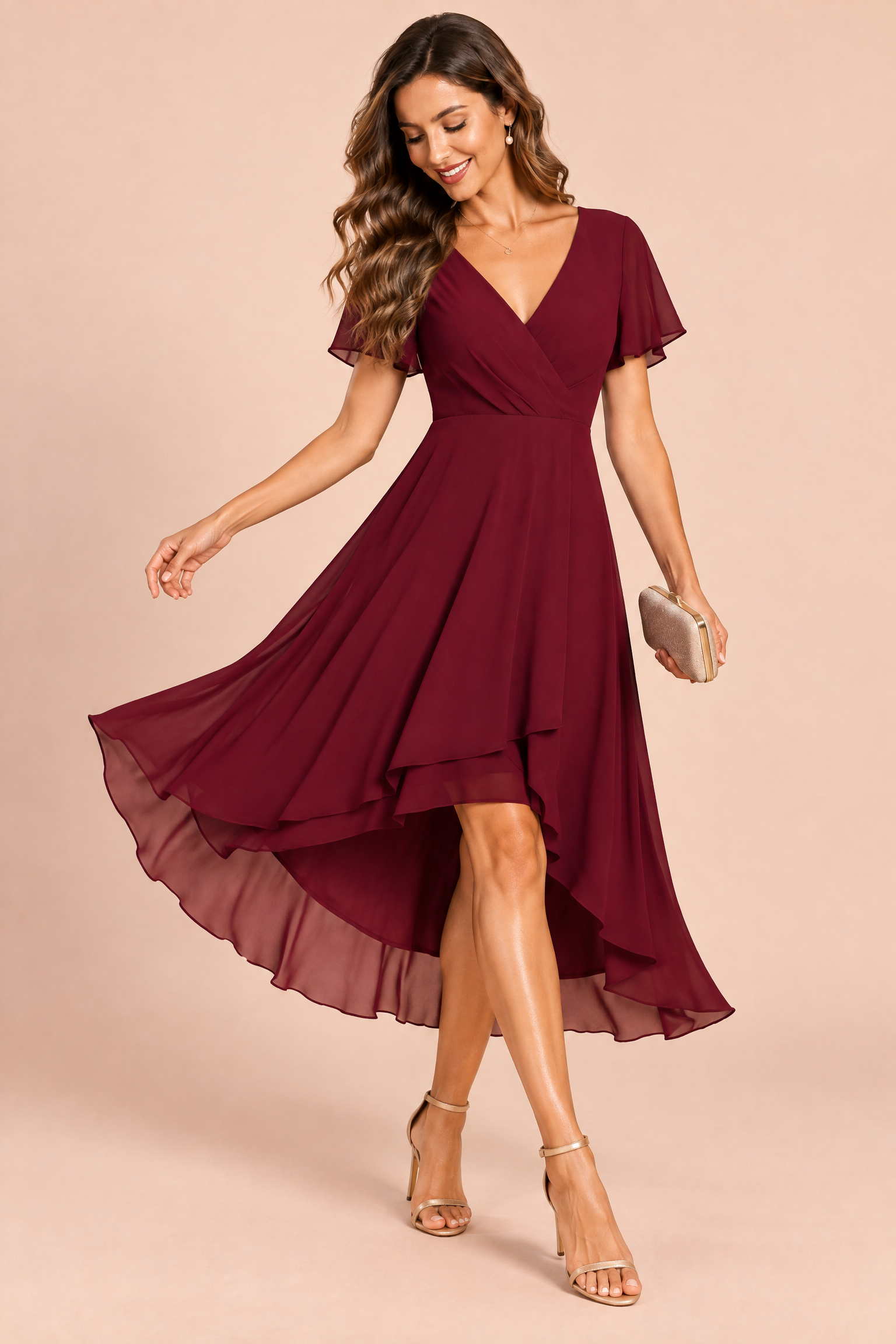 Robe bordeaux à manches volantées et ourlet asymétrique | Vue en mouvement | Lounelle Paris