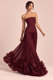 Robe longue bustier plissée rouge | Vue en mouvement | Lounelle Paris