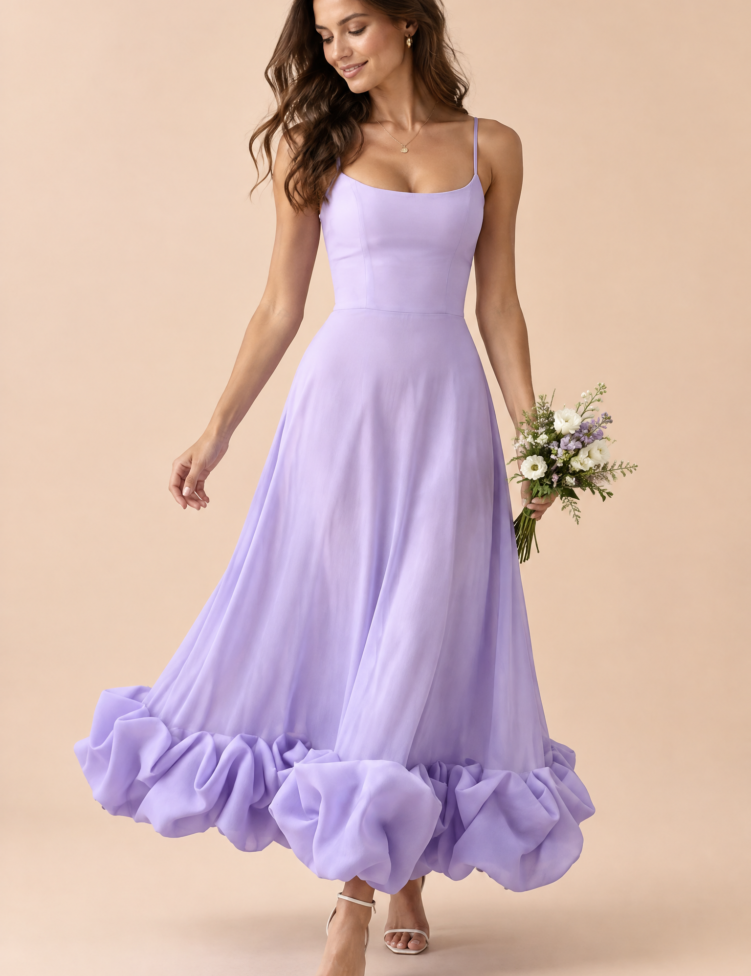 Robe midi lilas évasée à bas volanté | Vue de face | Lounelle Paris