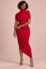 Robe midi asymétrique rouge à cape torsadée | Porté sur une autre silhouette | Lounelle Paris