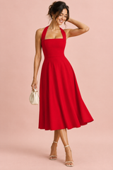 Vestito midi rosso con gonna svasata e scollo quadrato