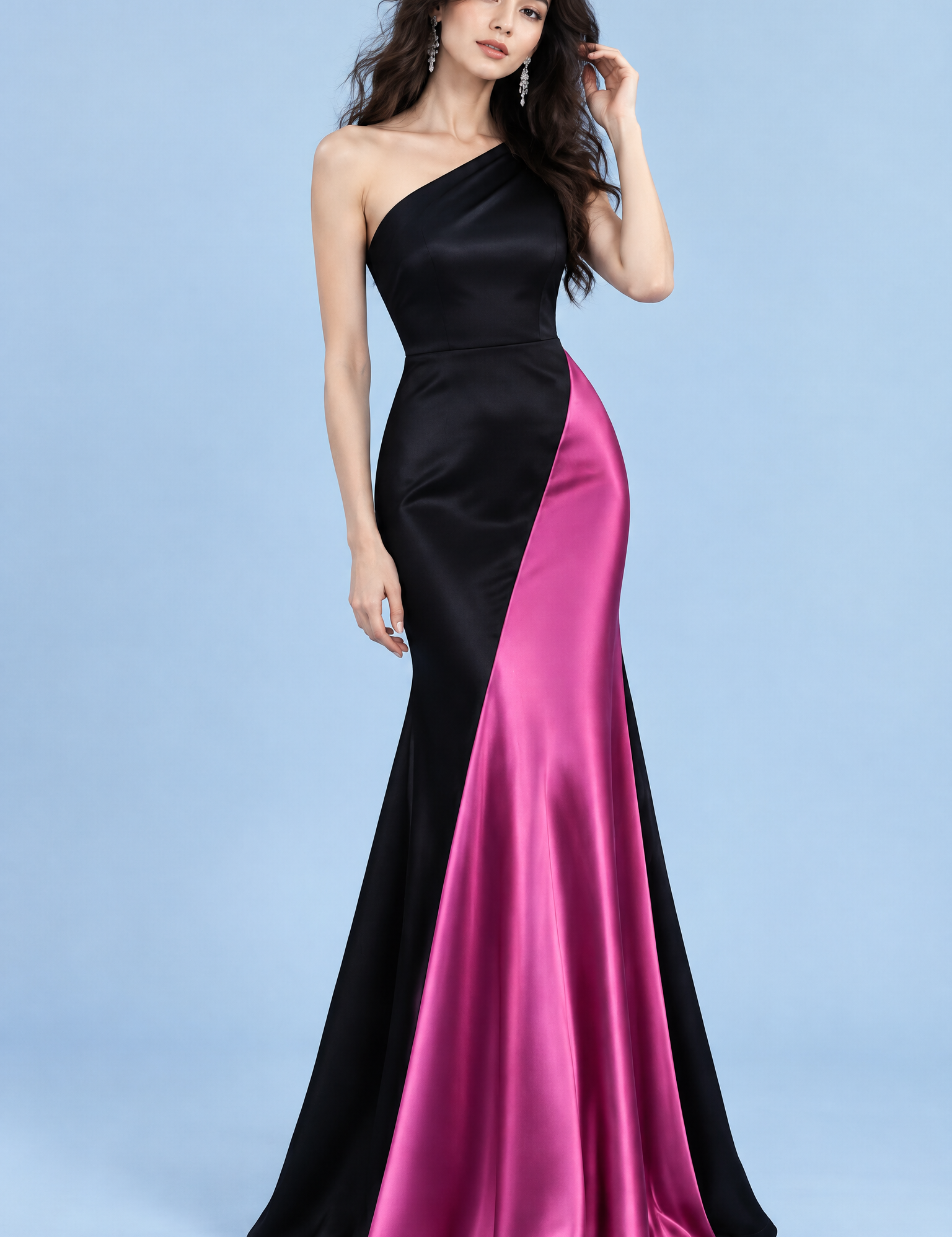 Robe longue noire et rose magenta à une épaule | Vue de face | Lounelle Paris