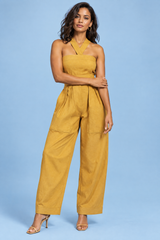 Tuta cropped a gamba ampia con scollo all’americana giallo girasole
