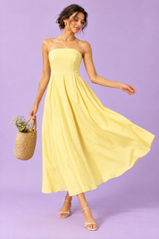 Robe midi évasée bustier — jaune | Vue en mouvement | Lounelle Paris
