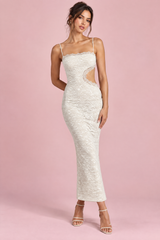 Abito lungo bianco in pizzo con scollo a fascia