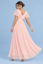 Robe longue plissée rose à col V | Vue de dos | Lounelle Paris