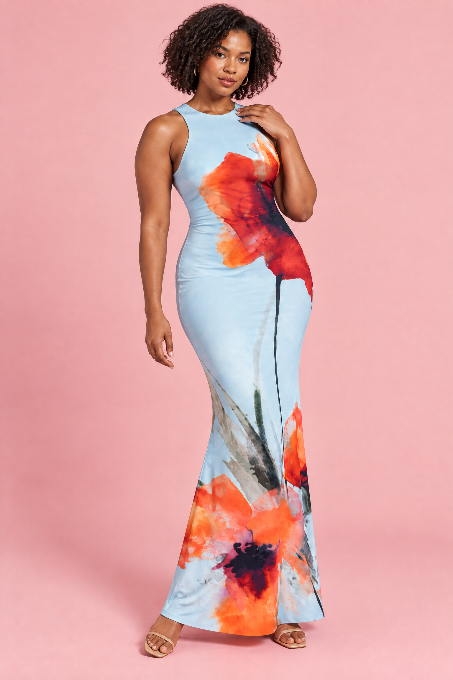 Robe longue bleue imprimée coquelicots à encolure Bardot | Porté sur une autre silhouette | Lounelle Paris