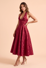 Abito midi jacquard con scollo all’americana bordeaux