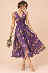 Abito midi viola floreale con stampa floreale a bouquet e scollo quadrato
