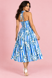 Robe longue bleue dos nu à rayures et motifs floraux | Vue de dos | Lounelle Paris
