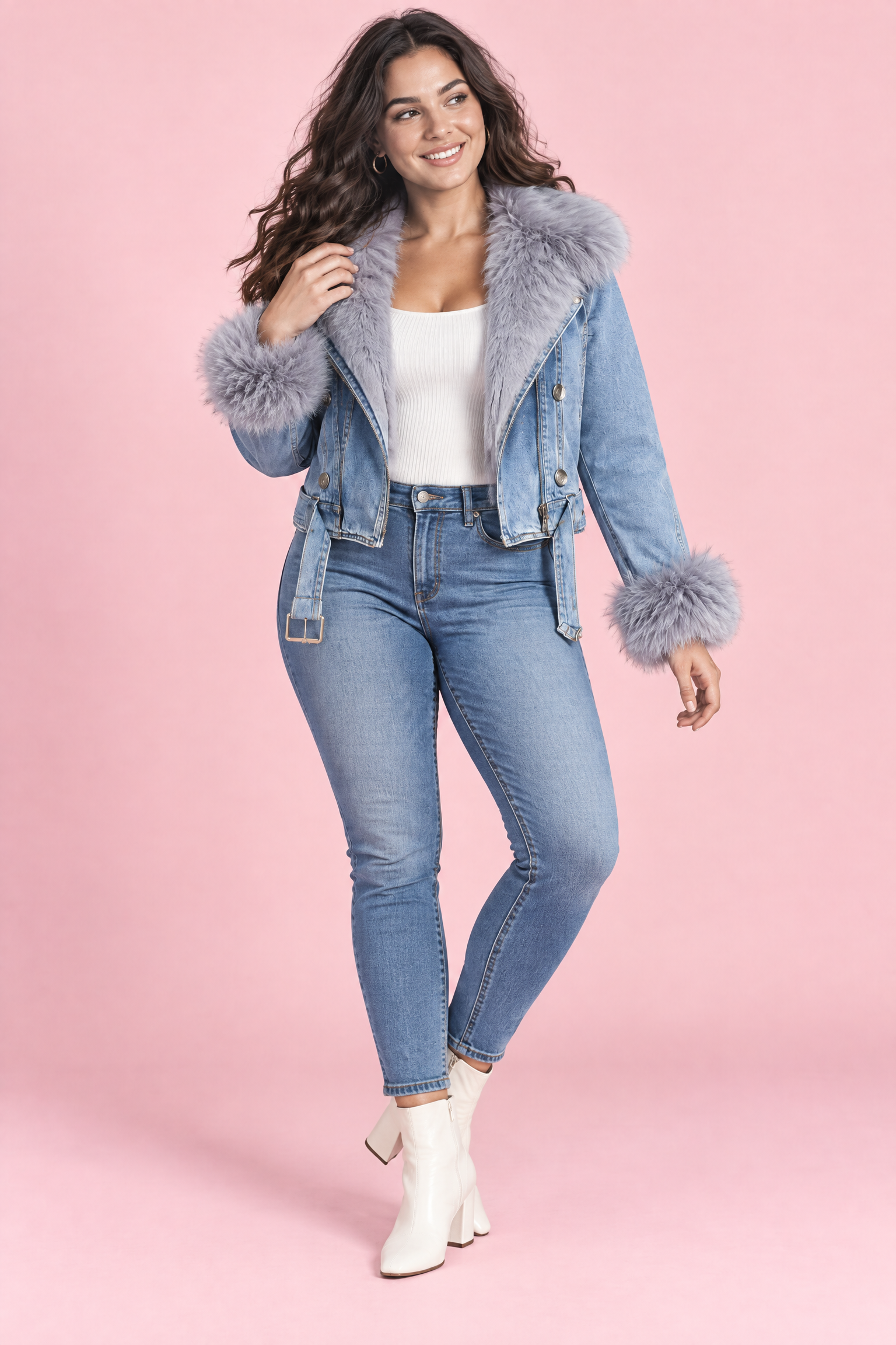 Veste motard courte cintrée à col en fourrure bleue | Porté sur une autre silhouette | Lounelle Paris