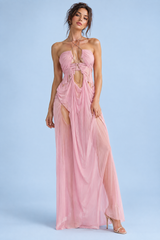 Abito lungo rosa asimmetrico con cut-out