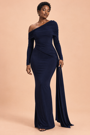 Robe longue bleu marine asymétrique à fronces et drapé | Vue de face | Lounelle Paris