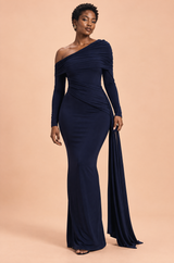 Abito lungo blu navy asimmetrico monospalla con drappeggio