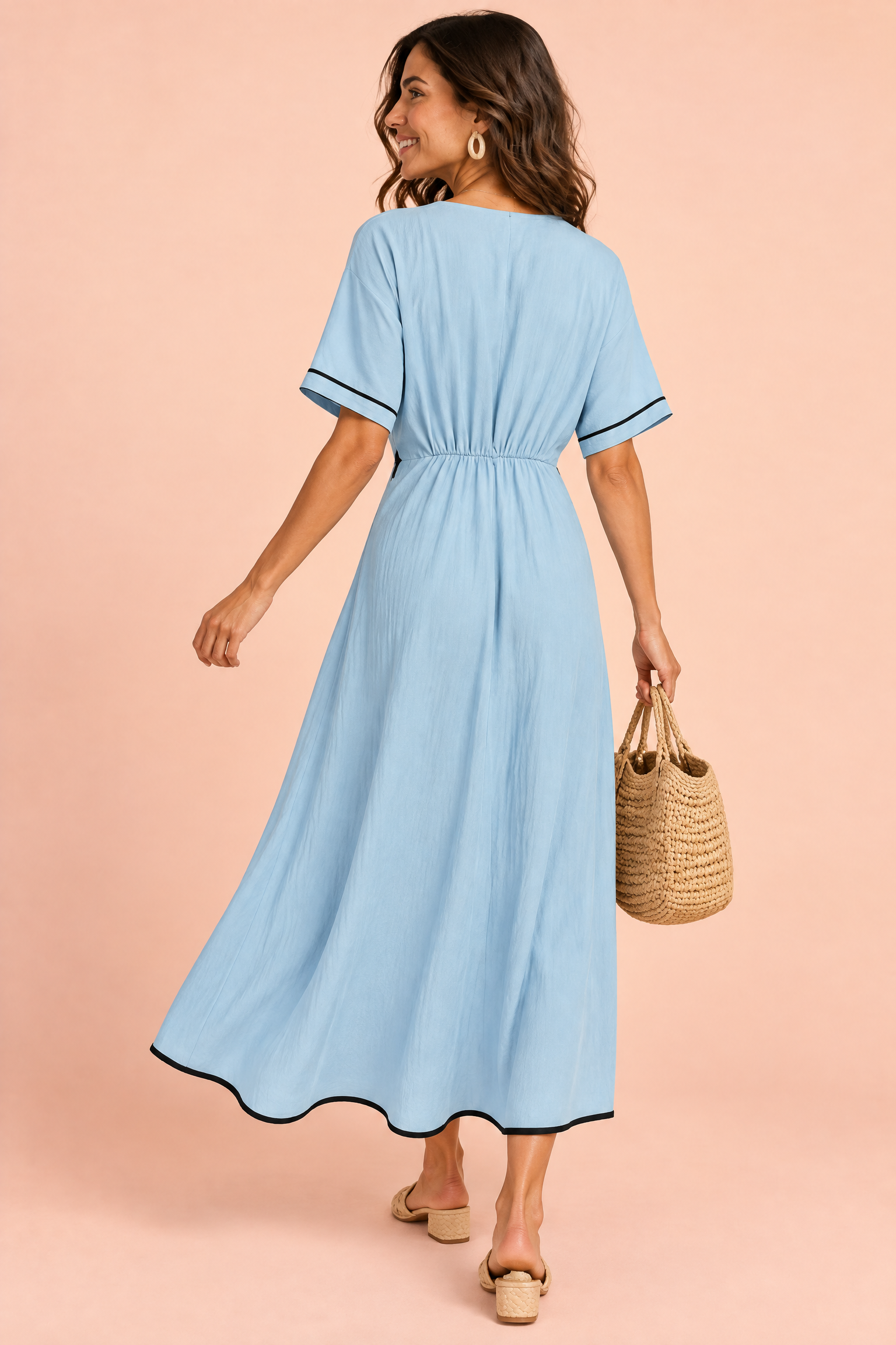 Robe longue bleue à col V et taille nouée | Vue de dos | Lounelle Paris