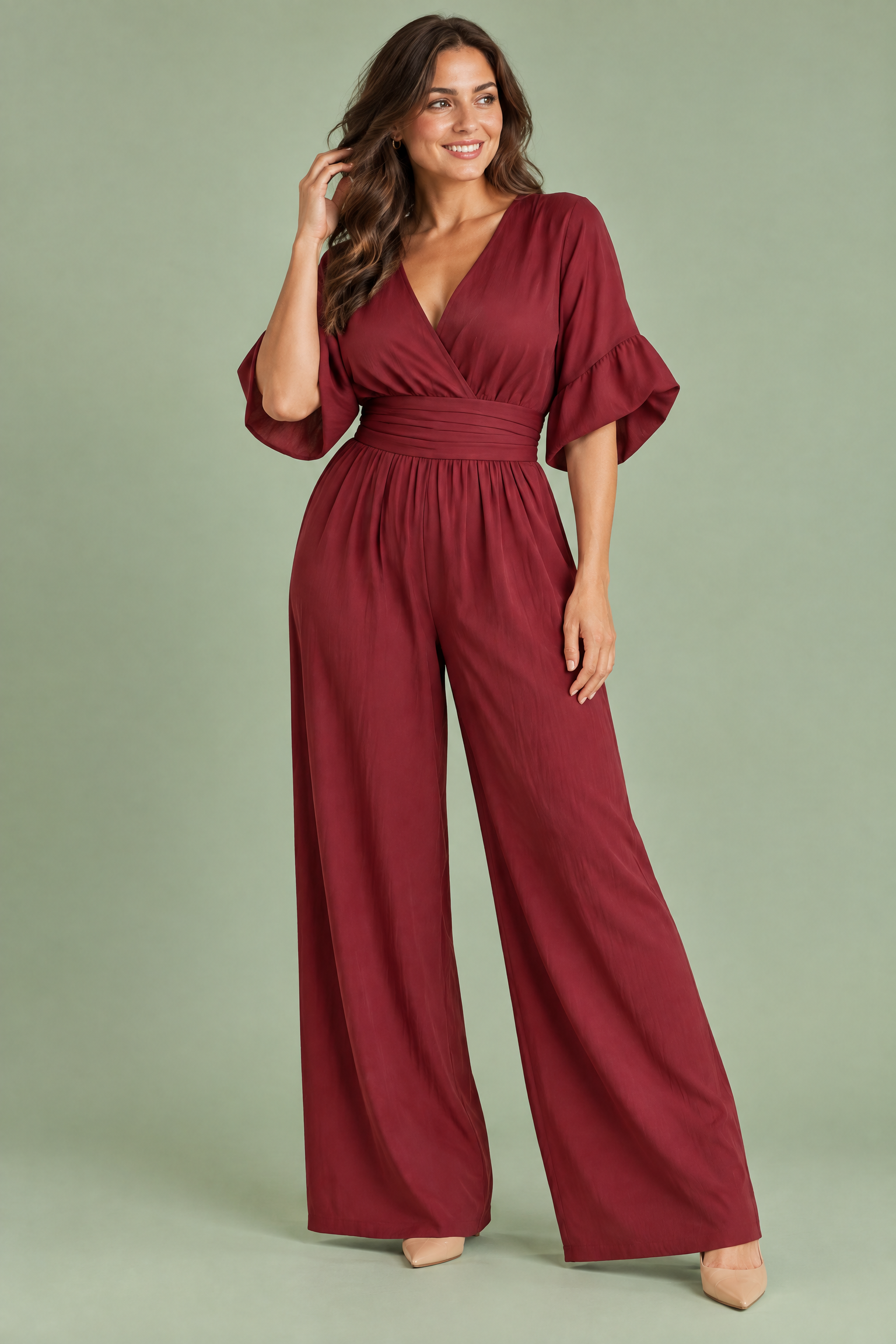 Combinaison pantalon bordeaux à col V et jambes larges | Porté sur une autre silhouette | Lounelle Paris