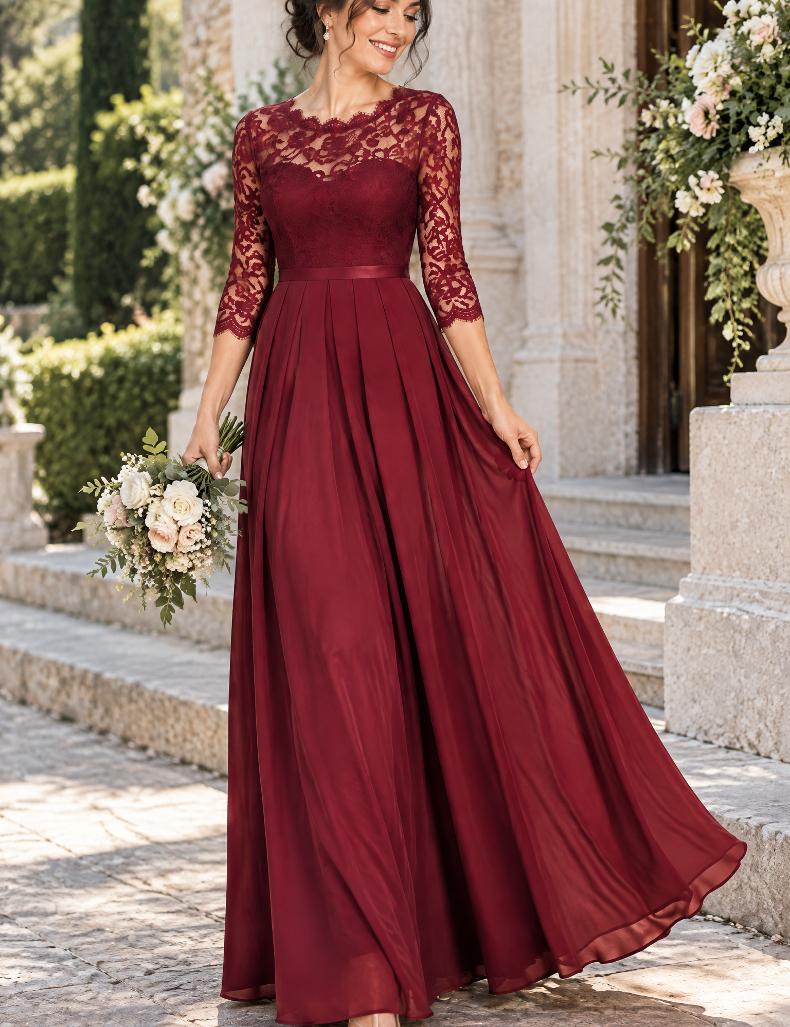 Robe longue bordeaux à empiècement en dentelle | Photo lifestyle | Lounelle Paris