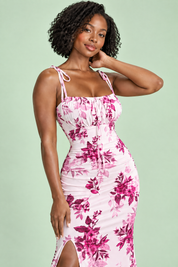 Robe longue fleurie rose à col carré | Vue rapprochée | Lounelle Paris