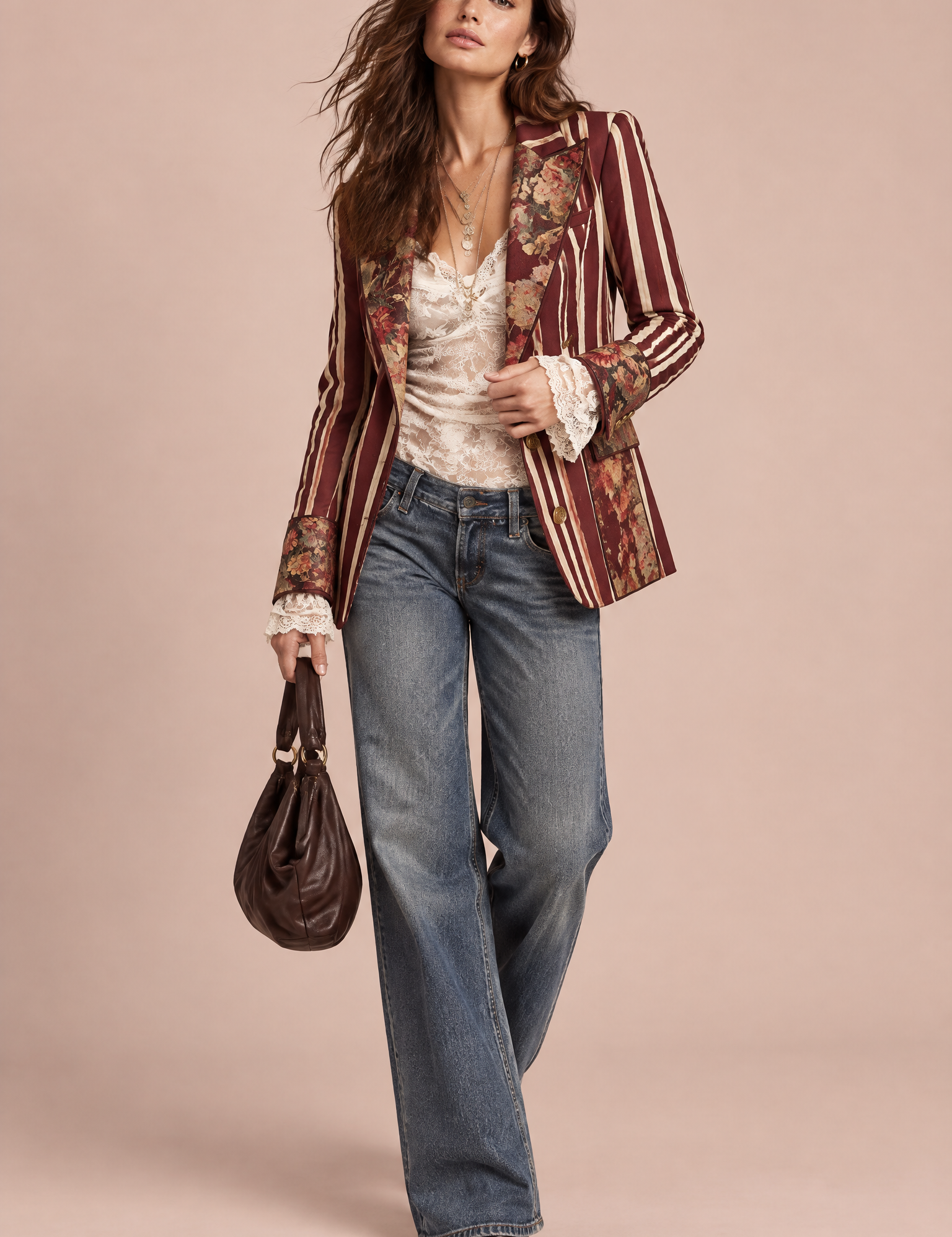Blazer ajusté rouge à fleurs et rayures | Vue de face | Lounelle Paris