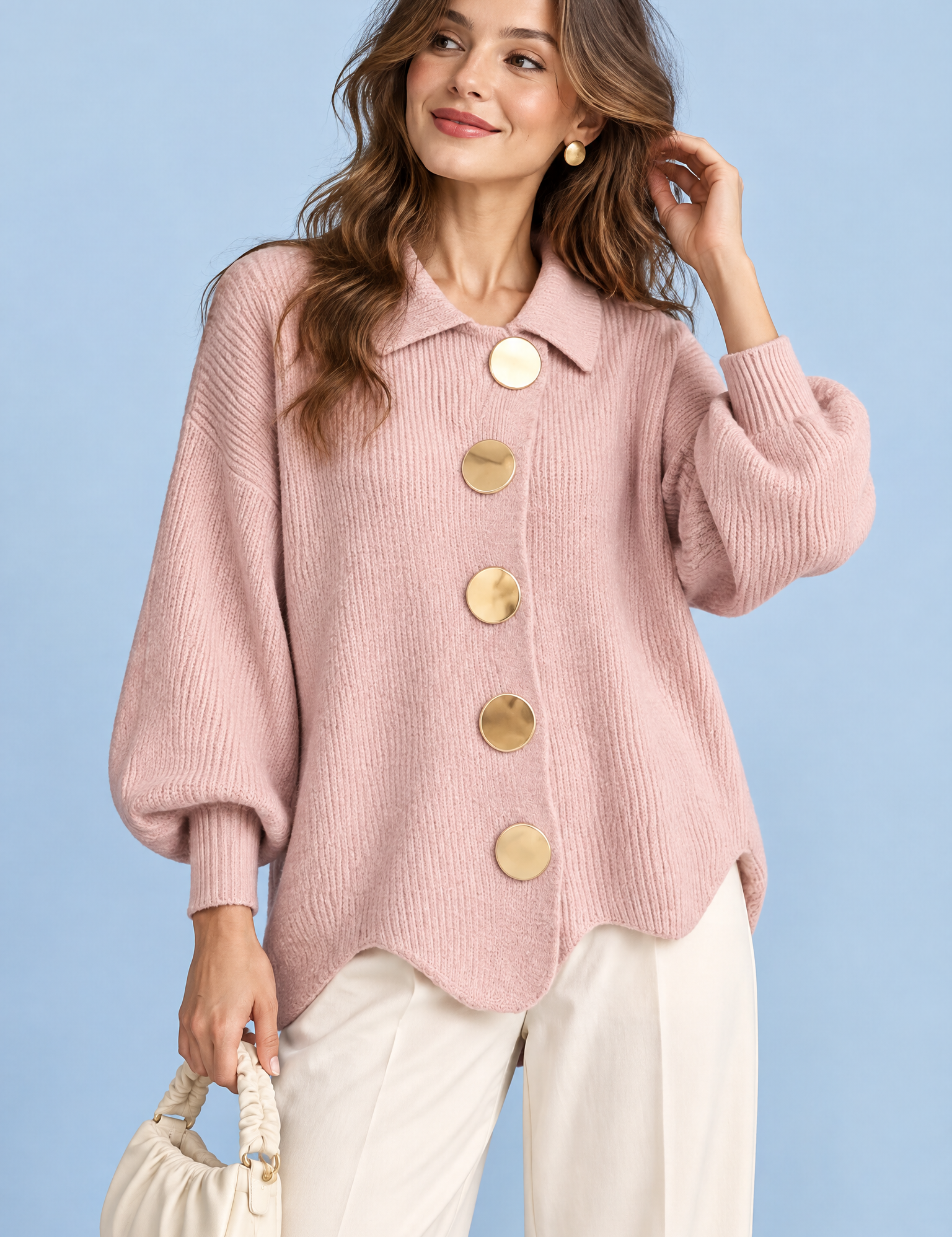 Cardigan oversize rose poudré à col | Vue de face | Lounelle Paris