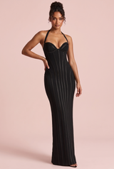 Abito lungo nero con corsetto e scollo all'americana