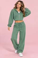 Completo felpa con cappuccio cropped con zip Verde salvia