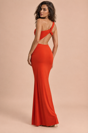 Robe longue orange rouge asymétrique à jupe portefeuille | Vue de dos | Lounelle Paris